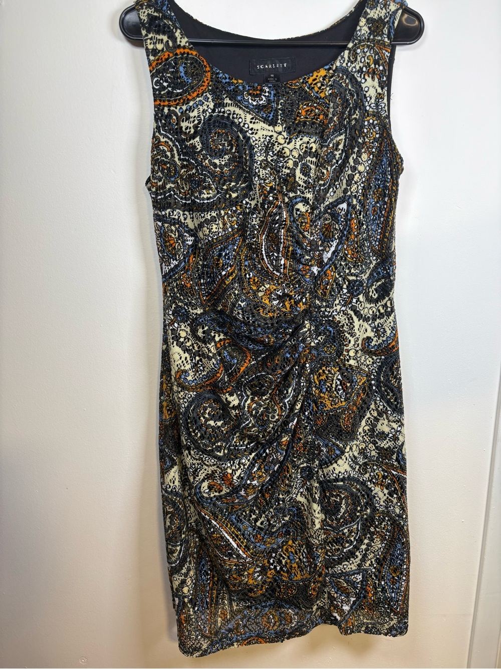 Scarlett Paisley Sheath Dress in Black, Cream and Rust